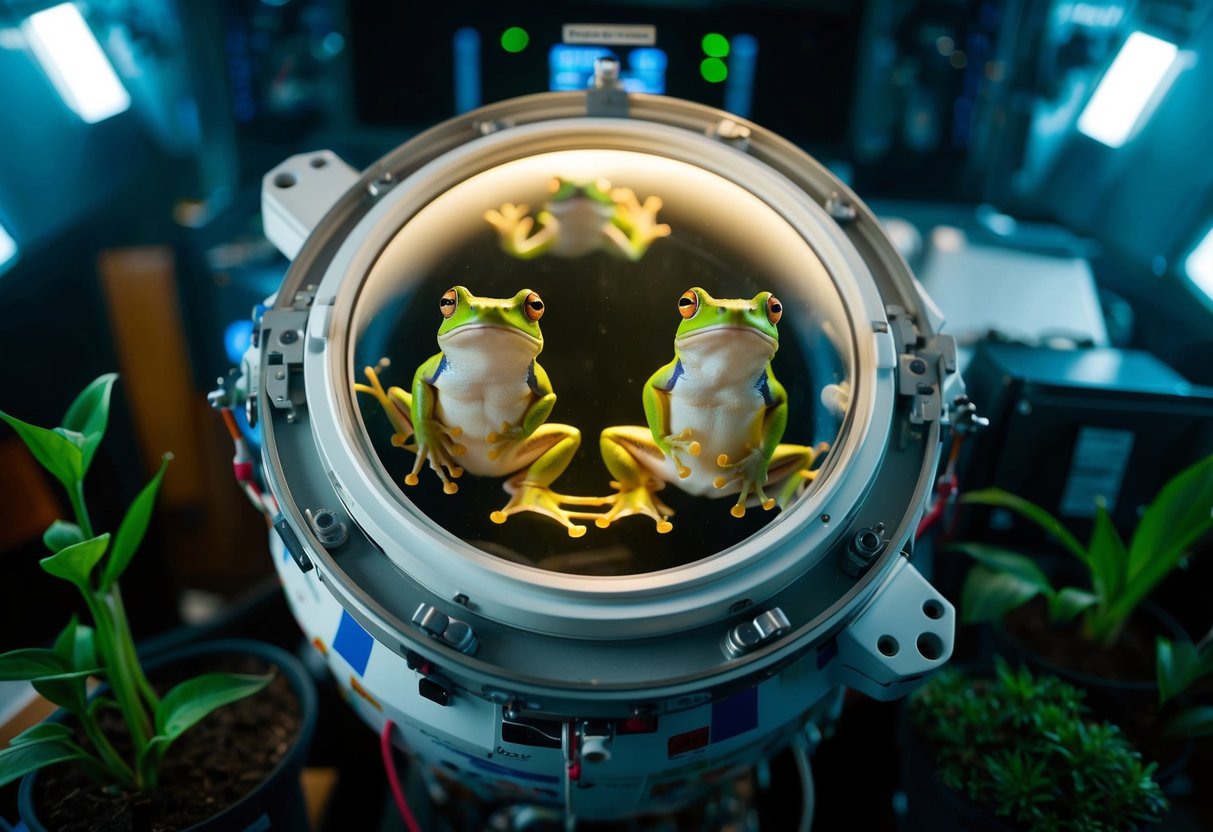 Frogs floating in a space capsule, surrounded by equipment and plants
