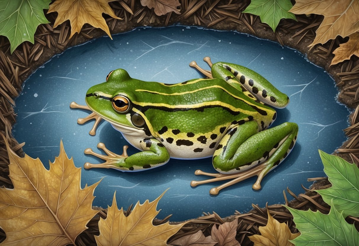 Frogs hibernate at the bottom of a frozen pond, surrounded by leaf litter and mud. They slow their metabolism to survive the cold