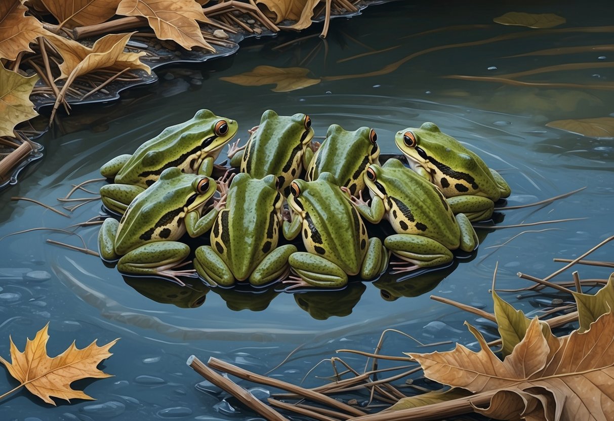 Frogs huddle together in the shallow, ice-free areas of the pond, surrounded by fallen leaves and debris for insulation