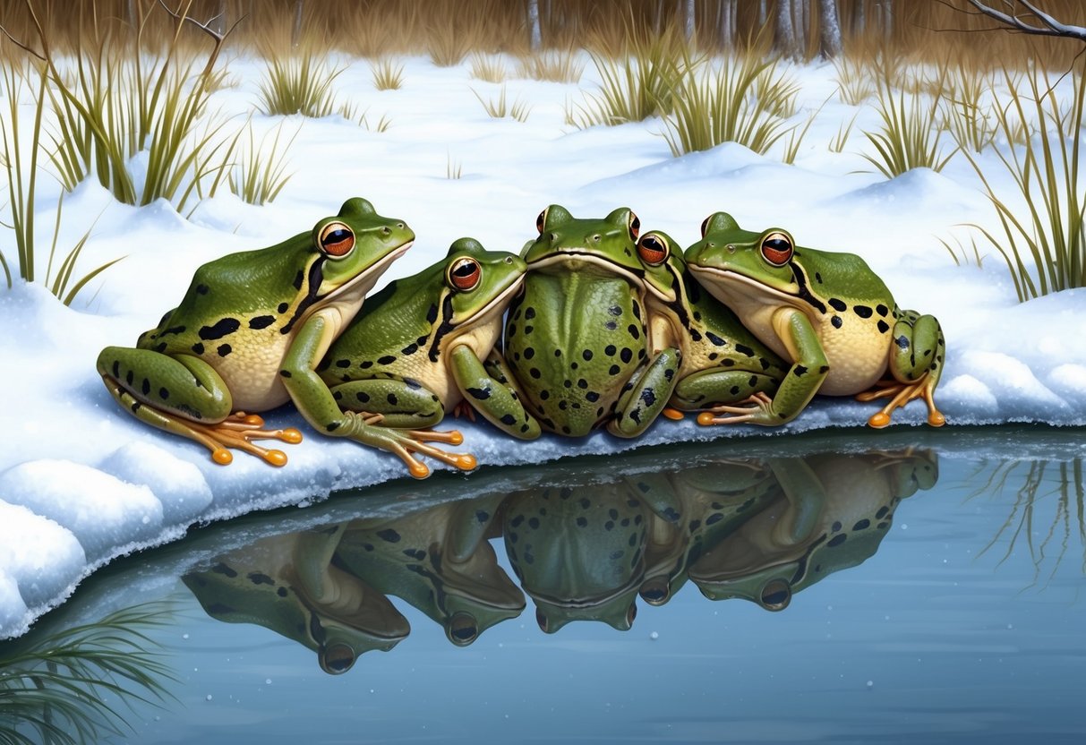 Frogs huddle together on the edge of a partially frozen pond, surrounded by snow-covered grass and bare trees