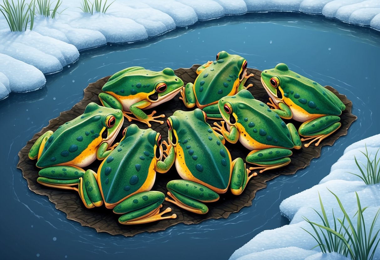 Frogs huddled together in the icy pond, their bodies partially buried in the mud at the bottom, while their metabolism slows down to conserve energy