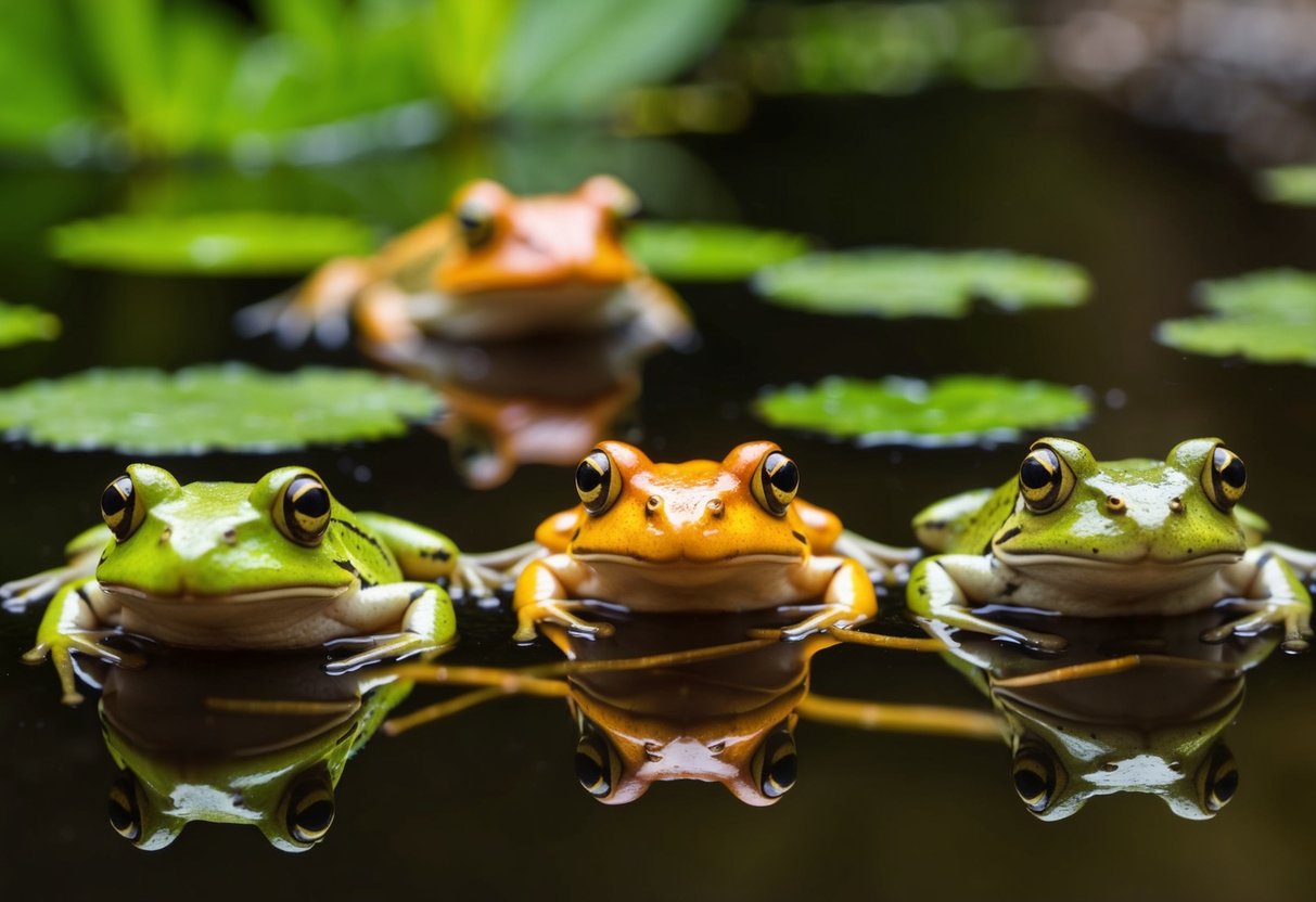 Frogs in a pond, some healthy and vibrant, others sickly and lethargic. Parasites visible on the infected frogs, while healthy frogs exhibit normal behavior