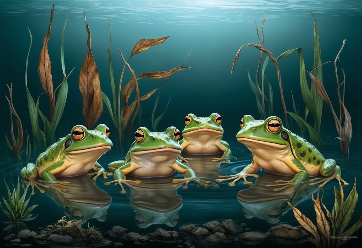 Frogs in murky water, with discolored skin and distressed expressions, surrounded by dead or dying aquatic plants