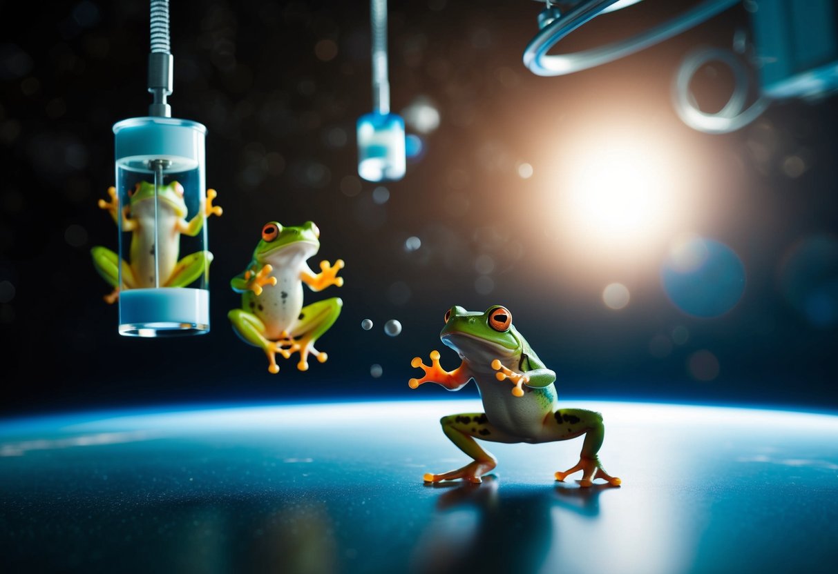 Frogs in space conducting experiments with equipment floating in zero gravity