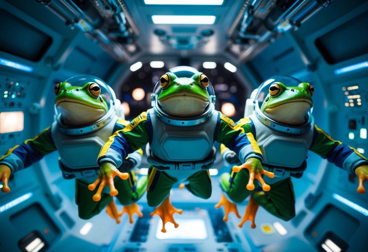 Frogs in space wearing high-tech suits, floating in a zero-gravity environment surrounded by scientific equipment and futuristic spacecraft