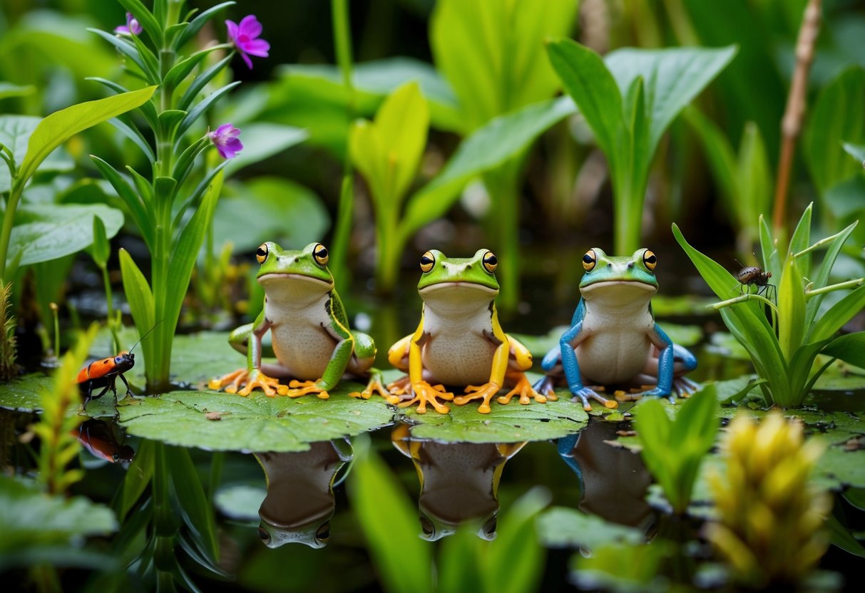 Frogs sitting among various plants and insects in a lush, biodiverse wetland, showcasing their role in environmental science