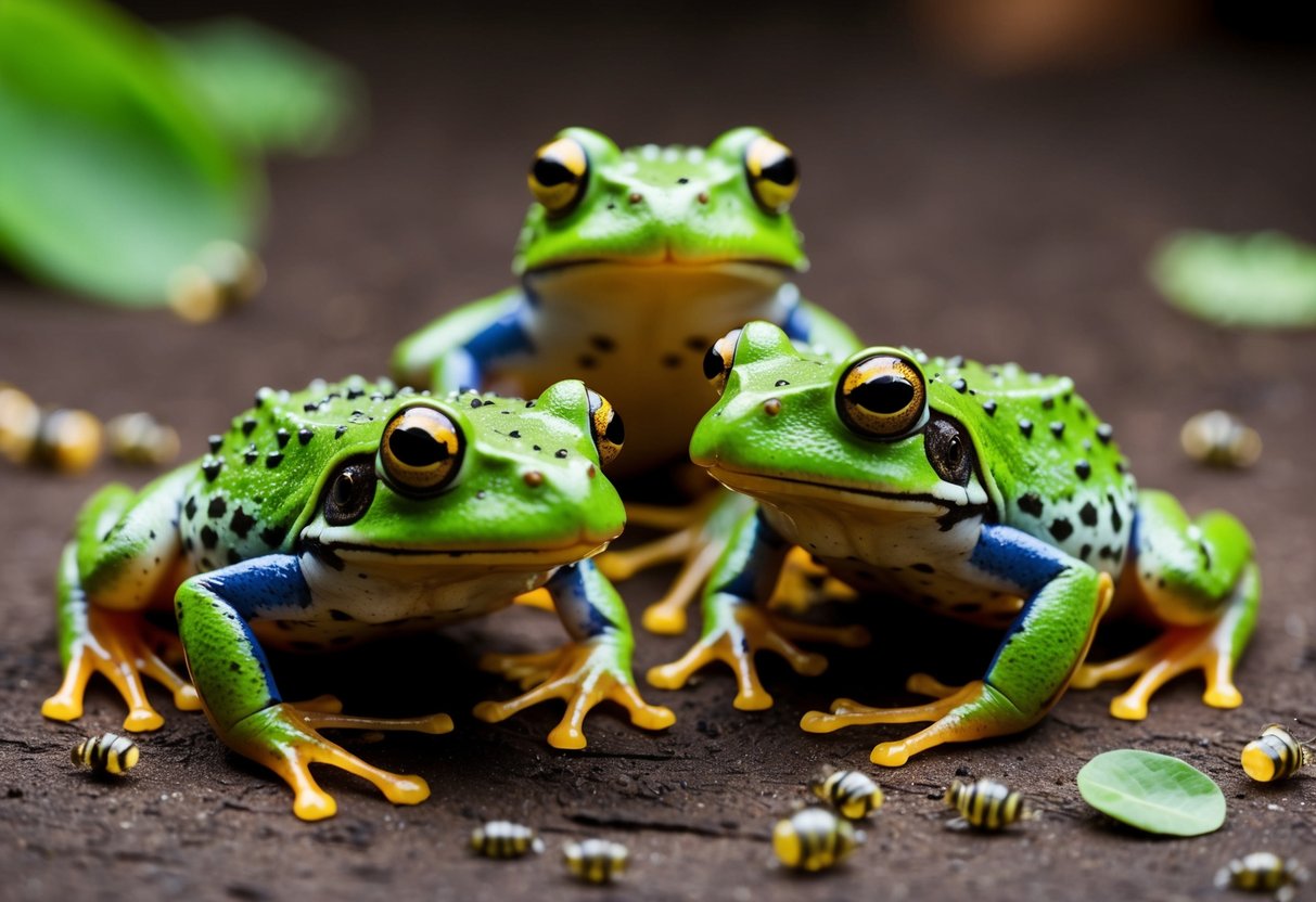 Frogs surrounded by parasites, showing signs of distress and weakened immune systems