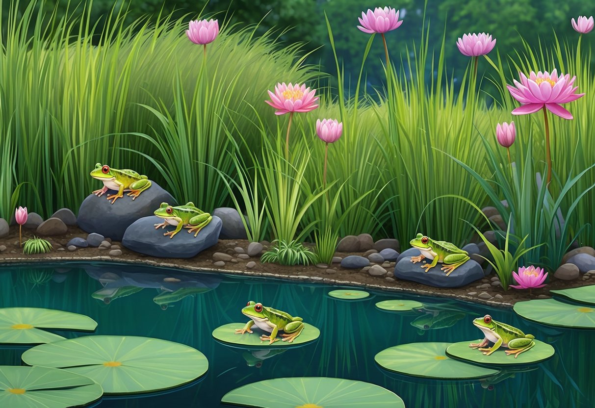 Lush pond edge with tall grasses, water lilies, and floating plants. Frogs perched on rocks and leaves, surrounded by vibrant flowers