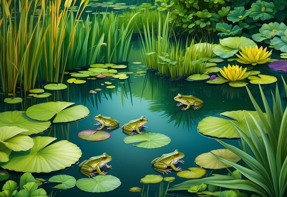 Lush pond surrounded by vibrant green plants, including water lilies and cattails, with frogs hopping among the foliage