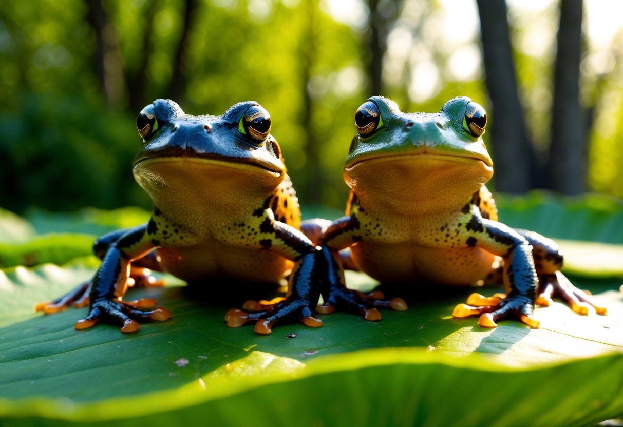 Two amphibians sit side by side on a lily pad, posing for a portrait. The sunlight filters through the trees, casting a warm glow on their vibrant green and brown skin
