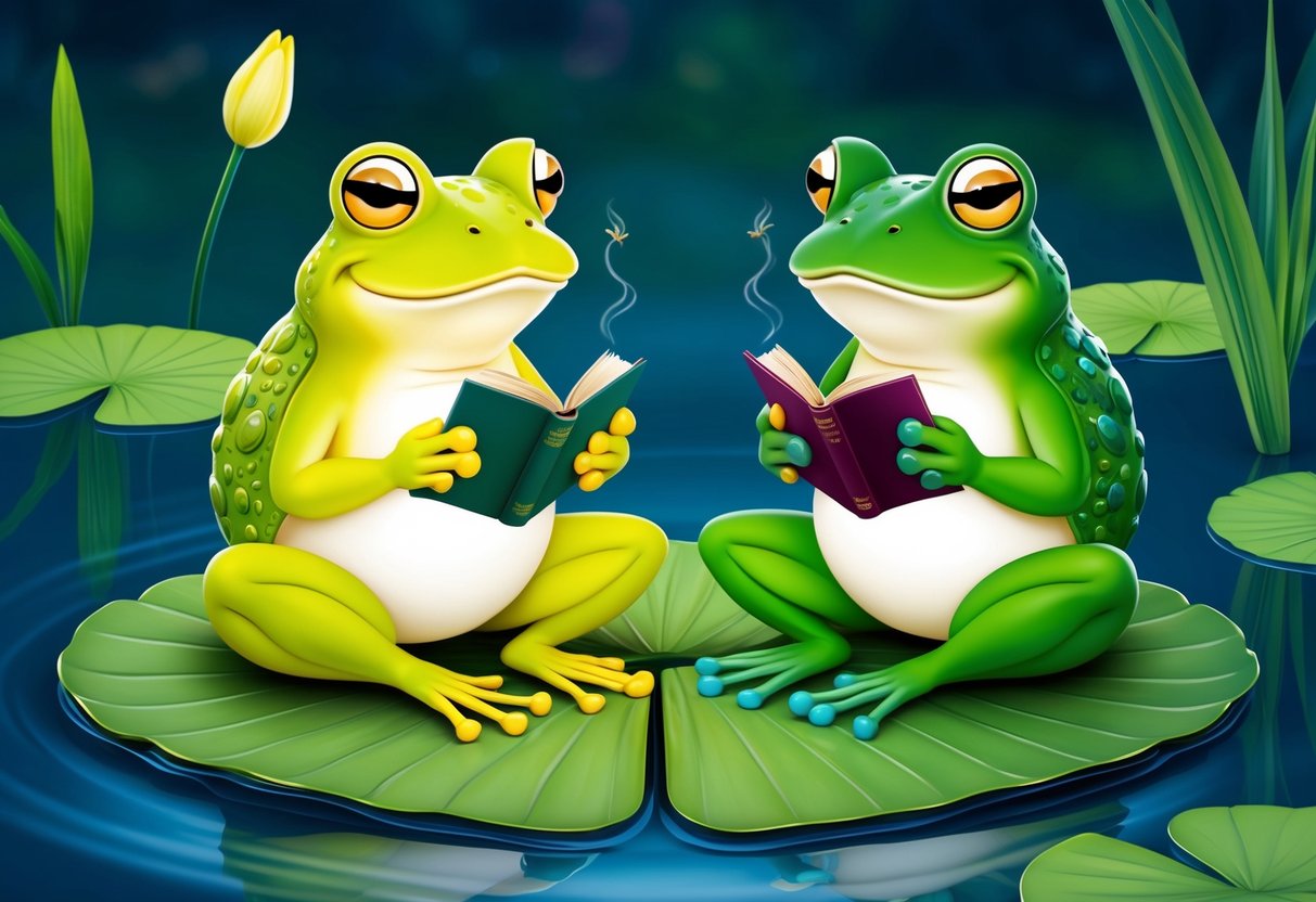Two anthropomorphic frogs and toads sitting on a lily pad, sipping tea and reading books in a peaceful, natural setting