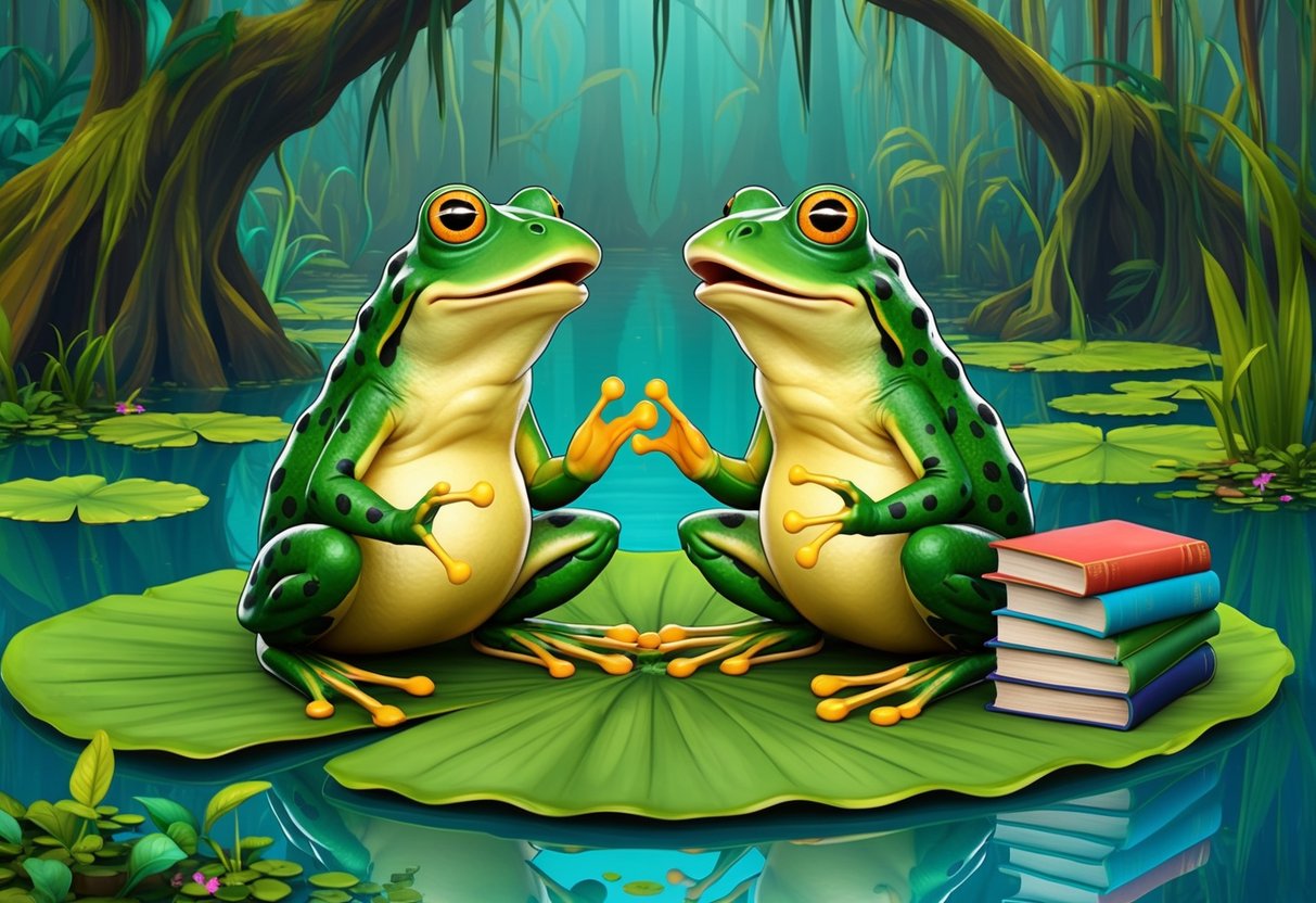 Two anthropomorphic frogs sit on a lily pad, surrounded by a lush, vibrant swamp. They are engaged in conversation, with a stack of books nearby