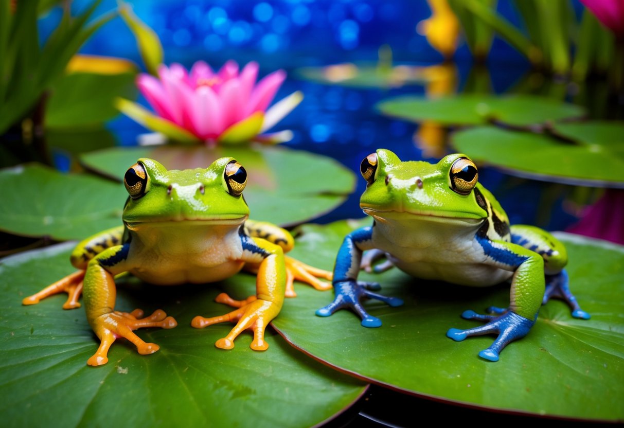 Two colorful frogs and toads posed on lily pads, surrounded by vibrant foliage and flowers, with a clear blue pond in the background