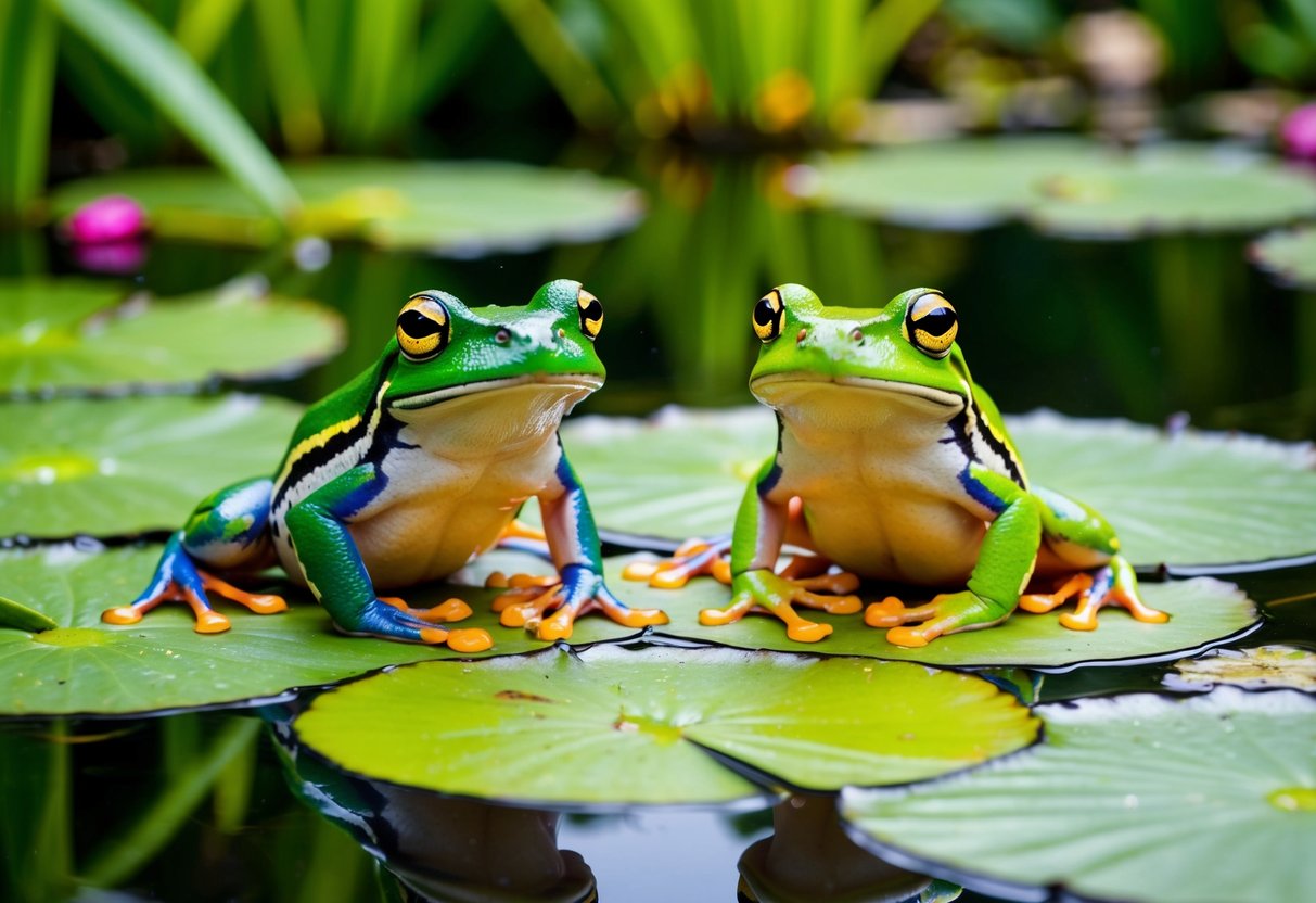 Two colorful frogs perched on lily pads in a serene pond setting, surrounded by lush green foliage and vibrant water lilies
