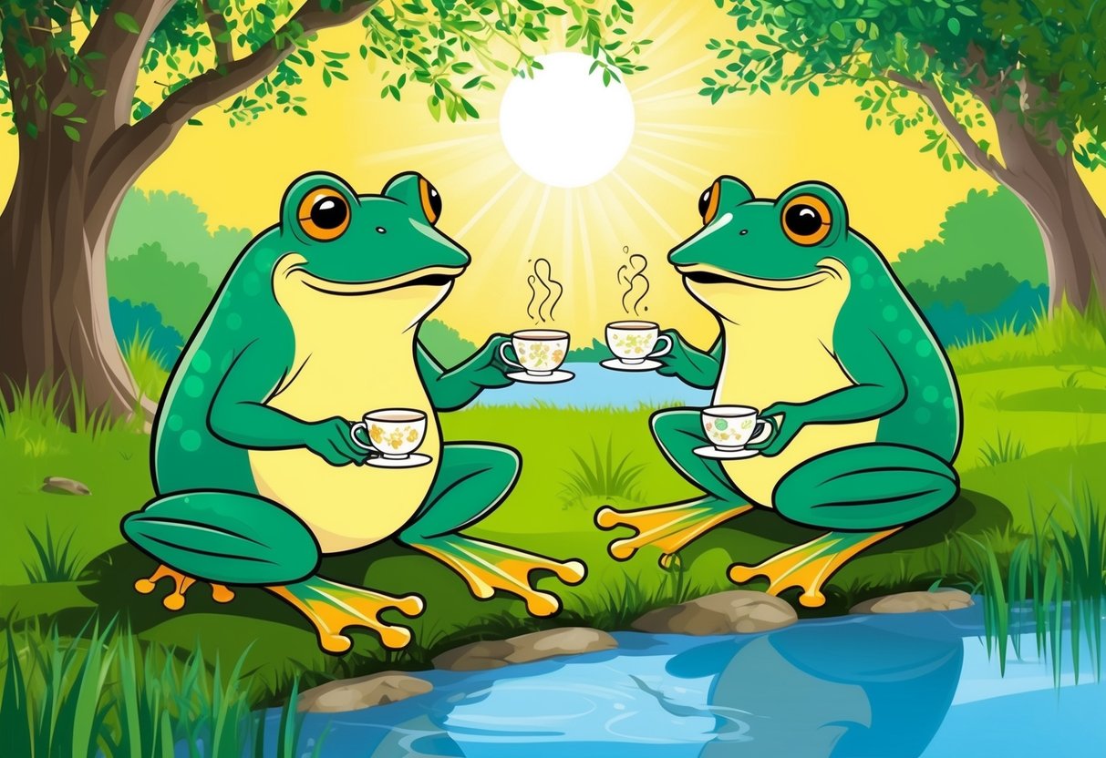 Two friendly frogs sit on a grassy riverbank, chatting and sipping tea from dainty cups. The sun shines through the trees, casting dappled shadows on the ground