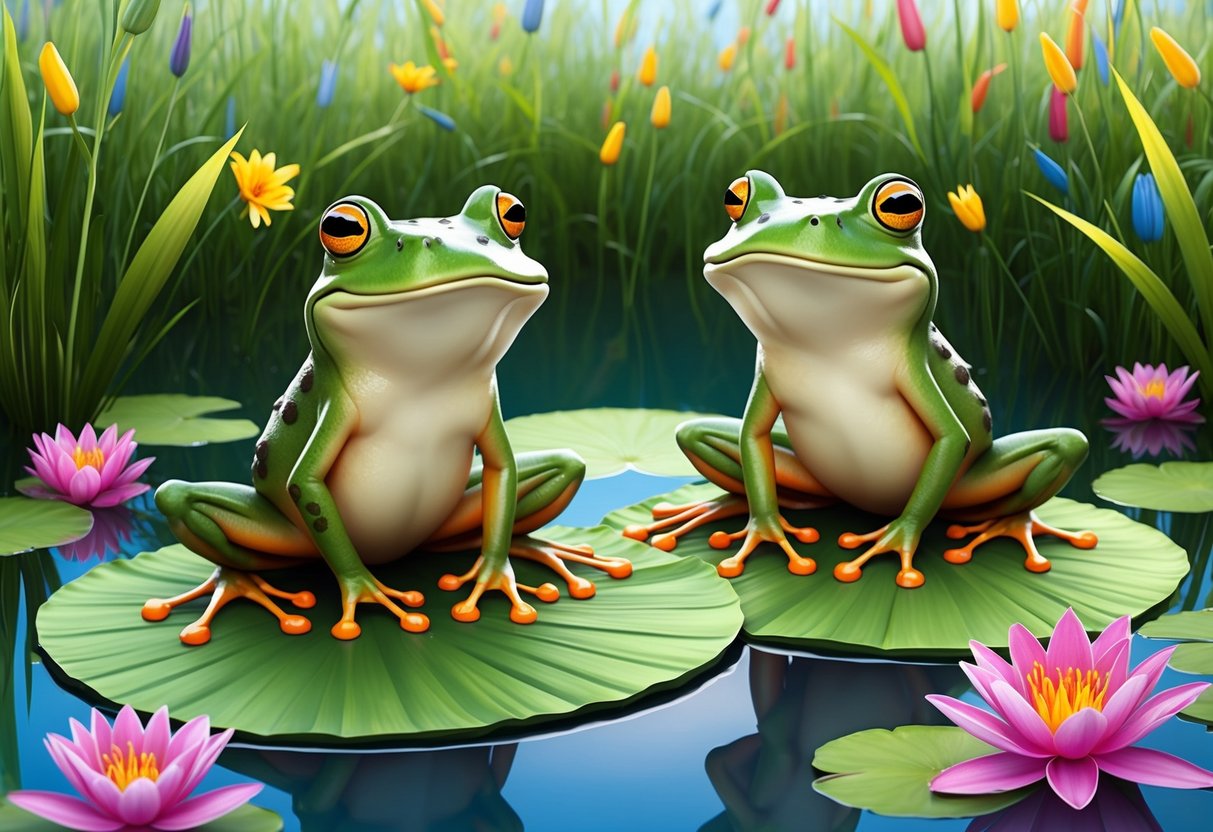 Two friendly frogs sitting on lily pads, surrounded by tall grass and colorful flowers