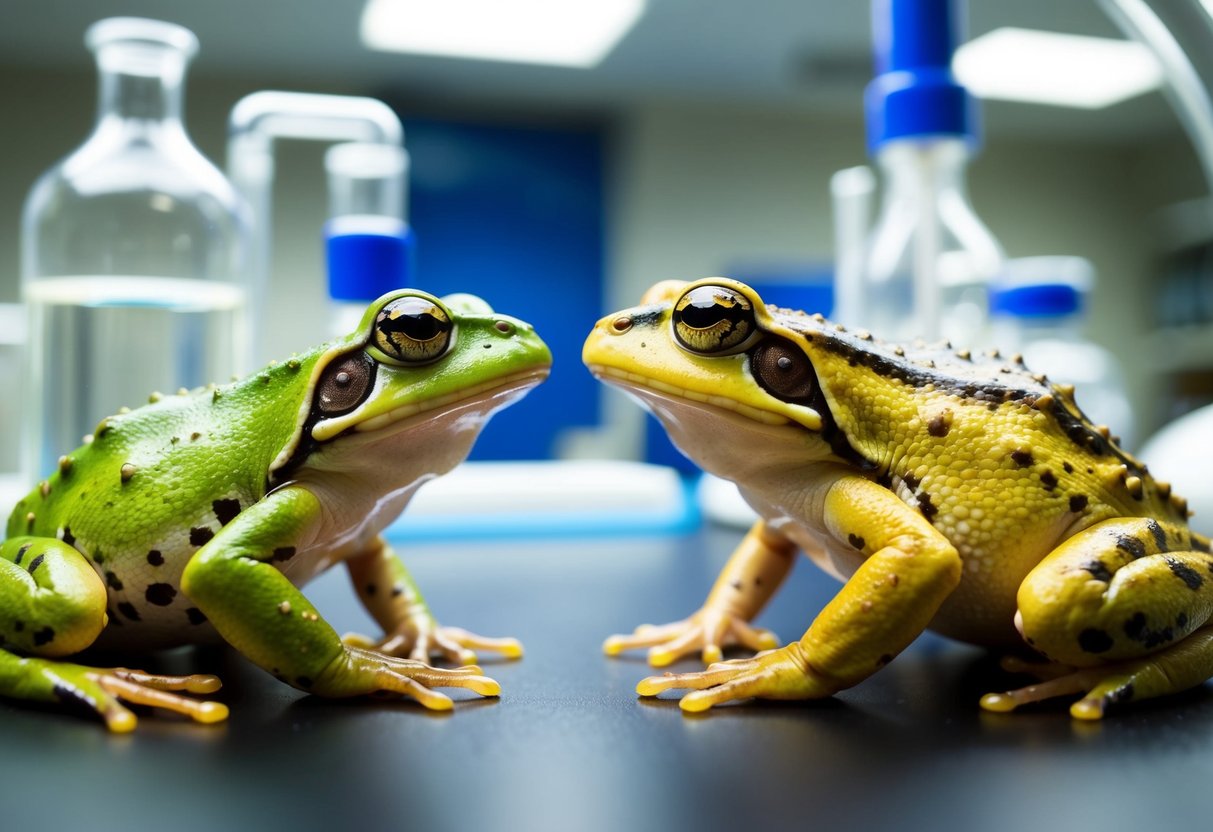 Two frogs and a toad examining each other's anatomy in a laboratory setting