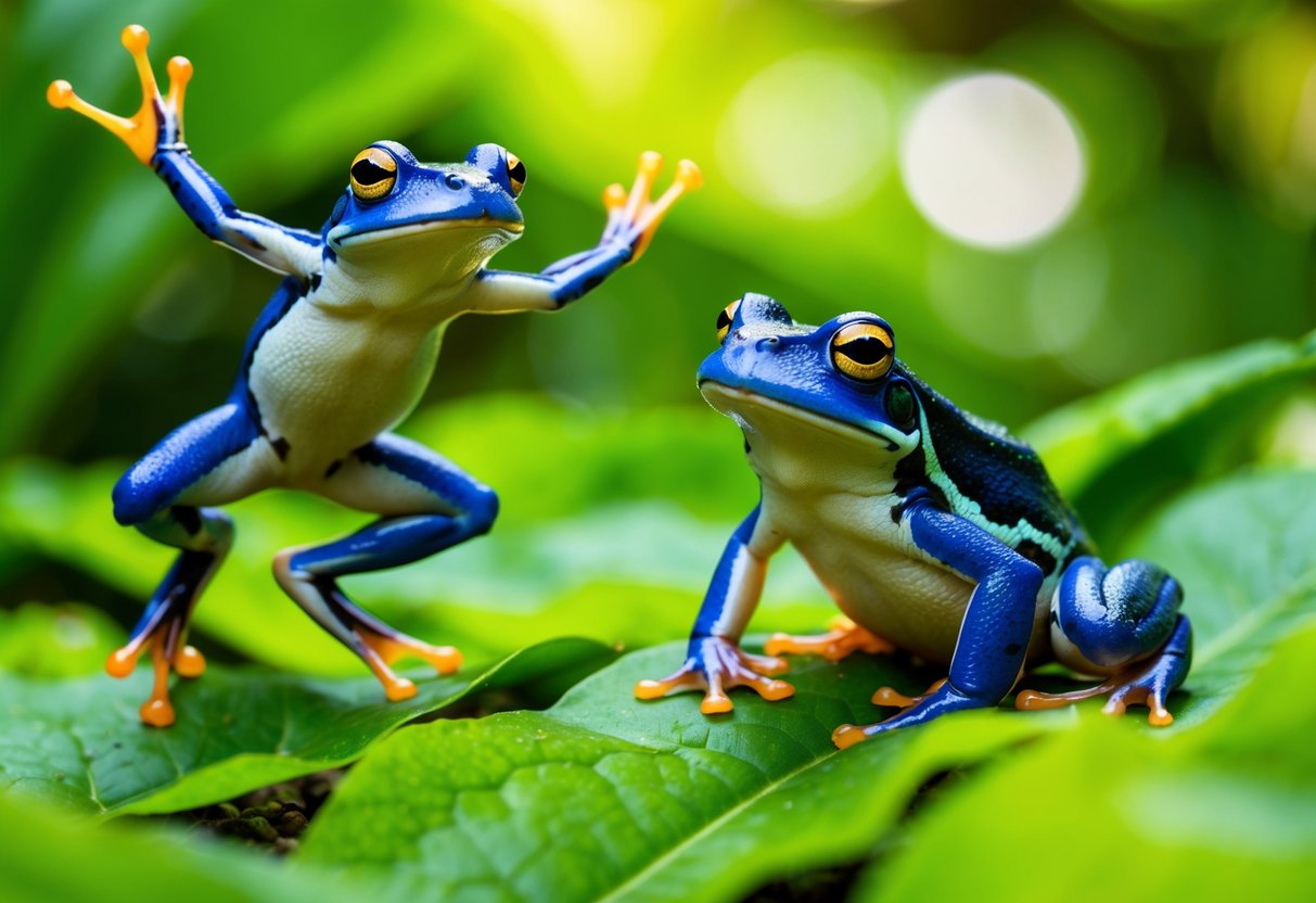 Two frogs and a toad in a lush, green habitat, displaying various physiological behaviors such as jumping, swimming, and eating