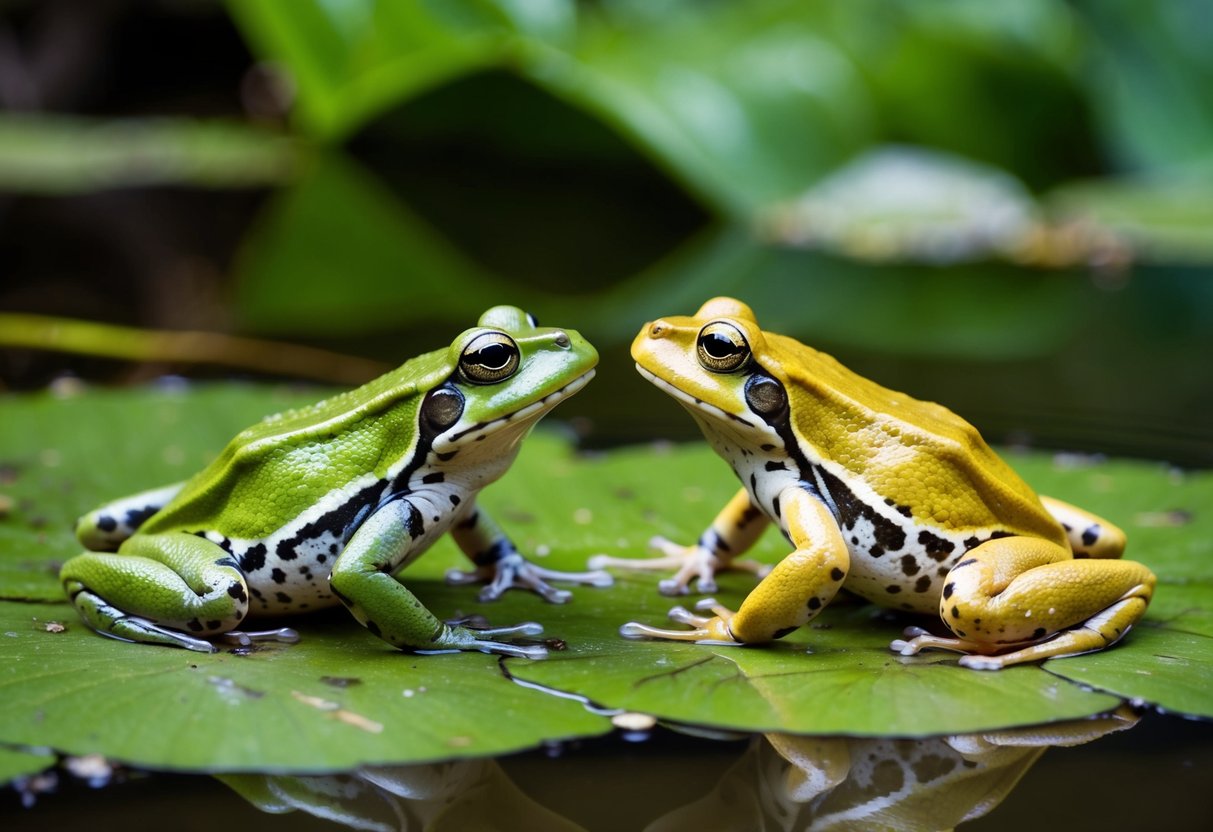 Two frogs and a toad interacting in a natural habitat near a pond, displaying various behaviors such as swimming, croaking, and hunting for insects