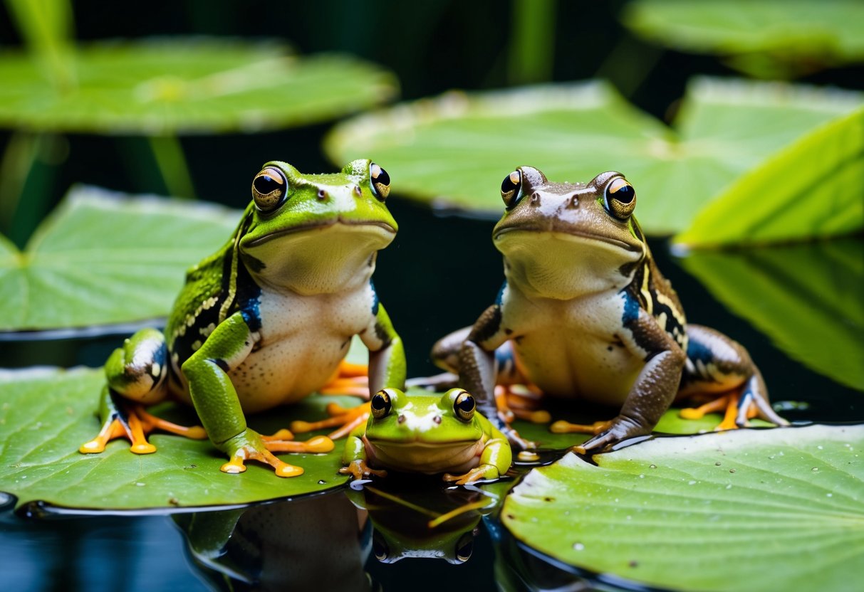 Two frogs and a toad sitting on lily pads, surrounded by vibrant green foliage and glistening water