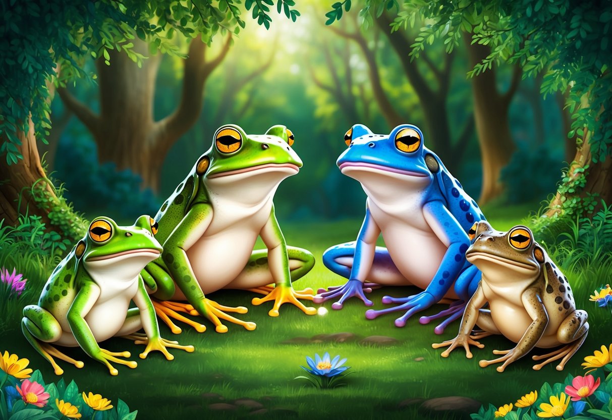 Two frogs and two toads sitting in a forest clearing, surrounded by lush greenery and colorful flowers, with a magical, whimsical atmosphere