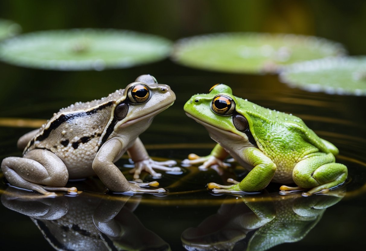 Two frogs in a pond, one with webbed feet and the other with bulging eyes, observed by a curious toad