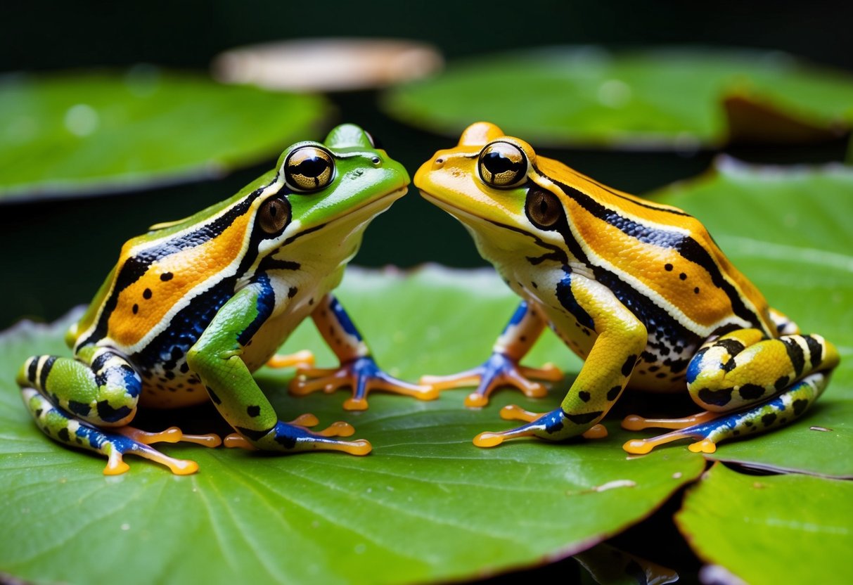 Two frogs sit on a lily pad, gazing at each other with curiosity and affection. Their vibrant colors and intricate patterns make for stunning portraits