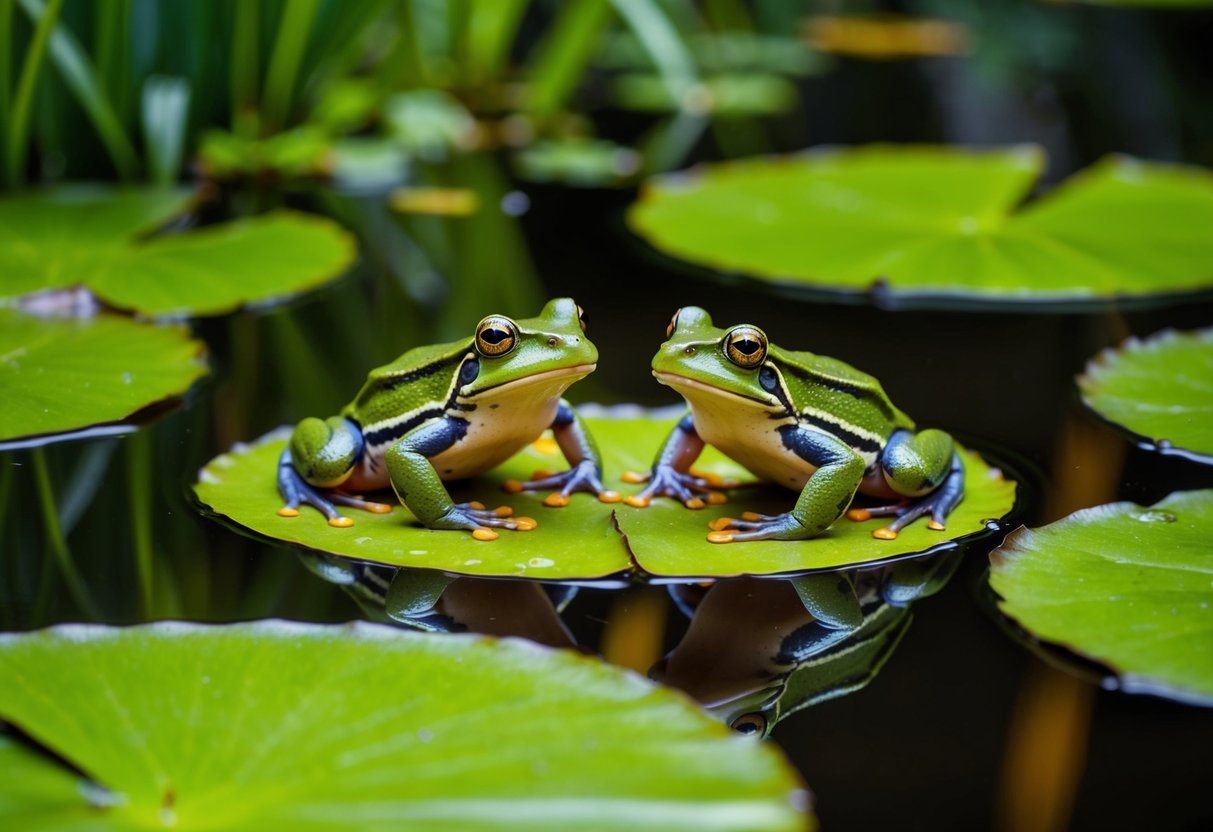 Two frogs sitting on a lily pad in a peaceful pond, surrounded by lush green vegetation and clear water