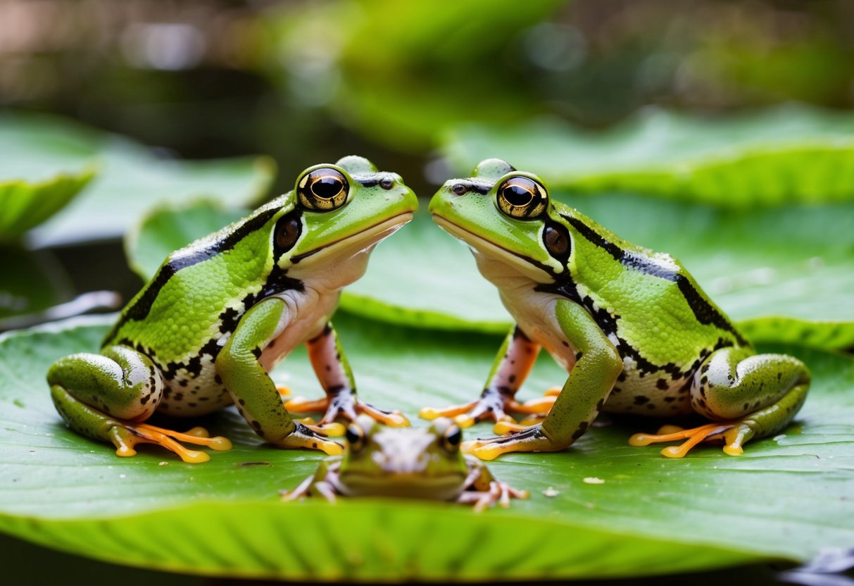 Two frogs sitting on a lily pad, one facing the other, with a toad nearby observing their behavior