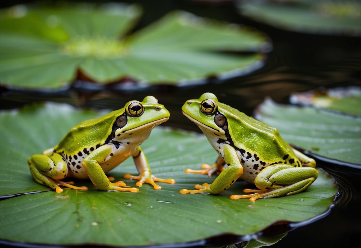 Two frogs sitting on a lily pad, one looking at the other. Lily pads and water in the background