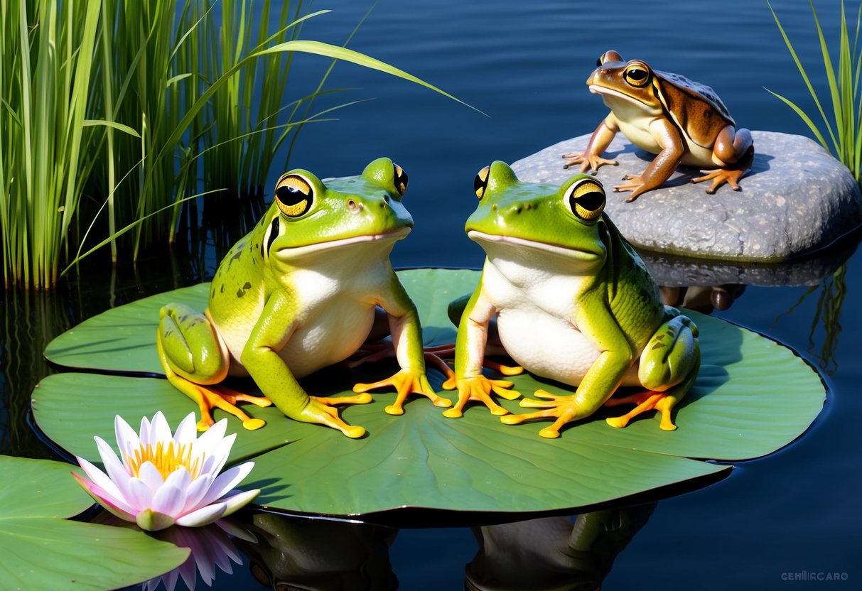 Two frogs sitting on a lily pad, surrounded by tall grass and water lilies. A toad watches from a nearby rock