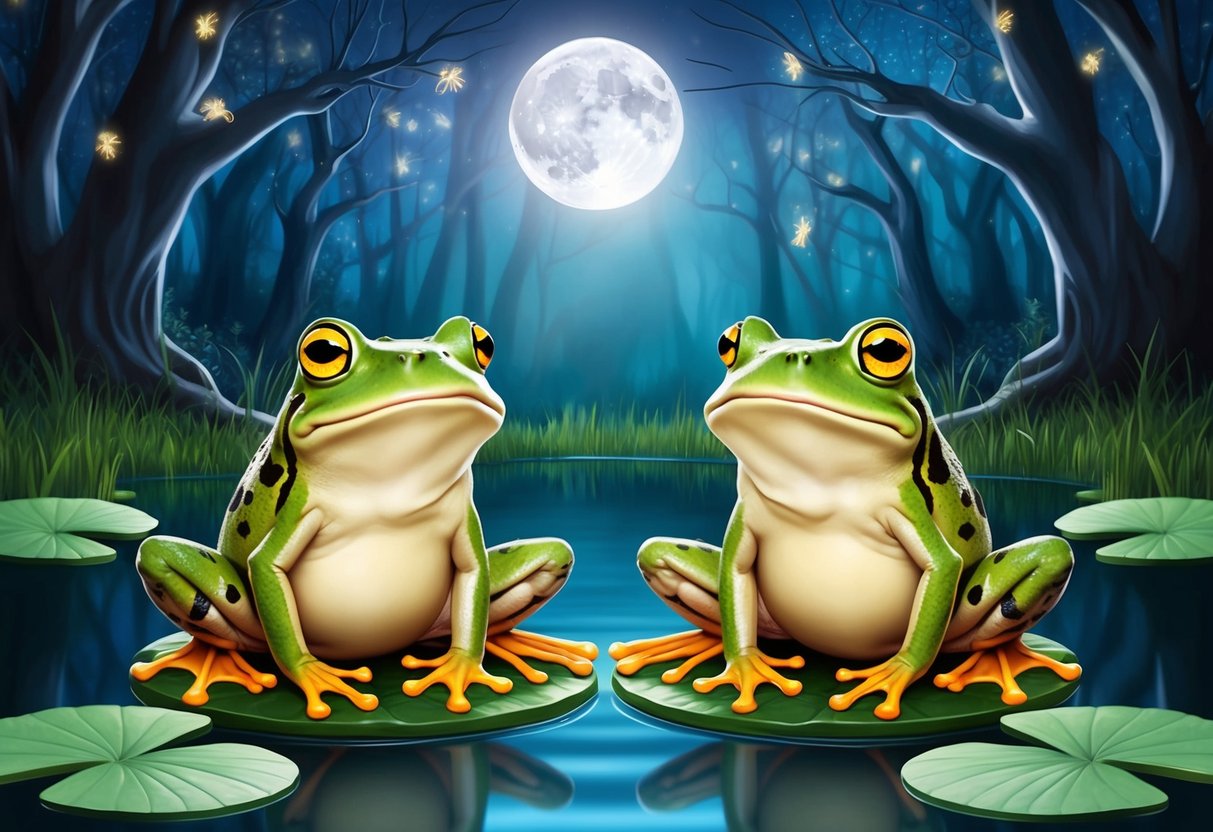 Two frogs sitting on lily pads, surrounded by a mystical forest with fireflies and a full moon overhead